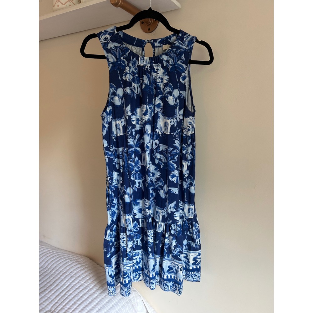 LOFT Blue and White Sleeveless Floral Print Dress, Vacation, Island